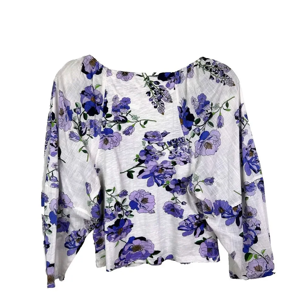 Anthropologie Purple White Floral Ruched Balloon Sleeve Top Cotton Knit Boho M